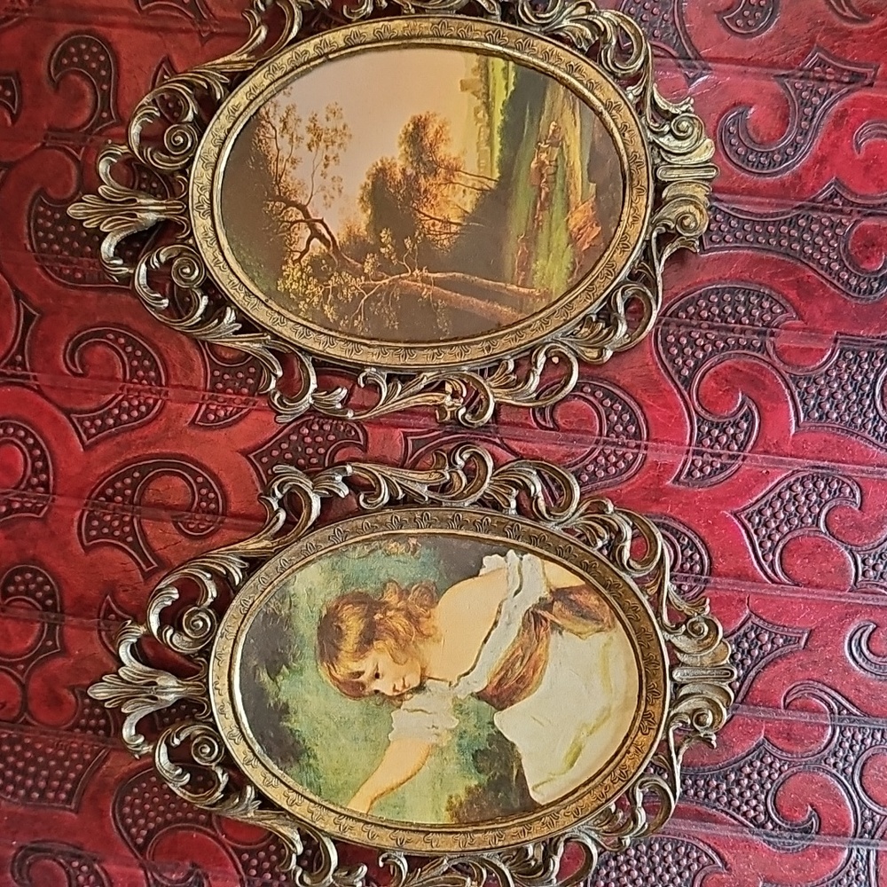 Vintage Oval Made in Italy Brass Framed Print Matching 2 Frames  Romantic 7"x 5"
